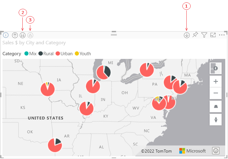 Screenshot: Drilldownschaltflächen in Power BI Desktop.