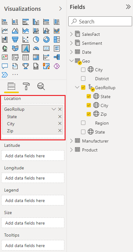 Screenshot: Bereiche „Visualisierungen“ und „Felder“ in Power BI Desktop mit hervorgehobenem Feld „Visuelle Azure Maps-Position“.