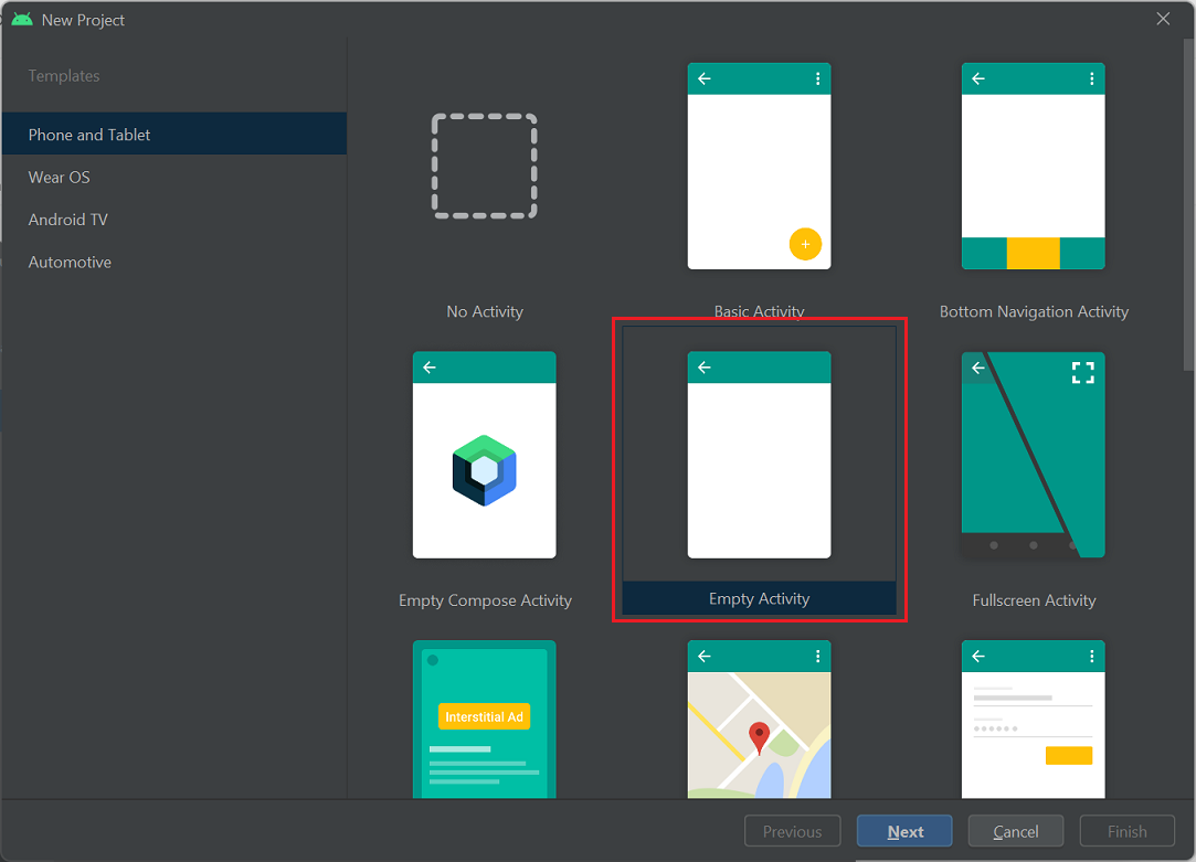 Ein Screenshot zeigt den Bildschirm Neues Projekt in Android Studio.
