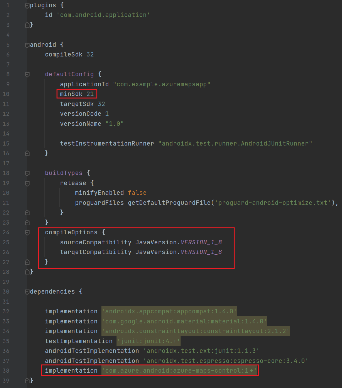 Ein Screenshot zeigt die Build-Dot-Gradle-Datei der Anwendung in Android Studio.