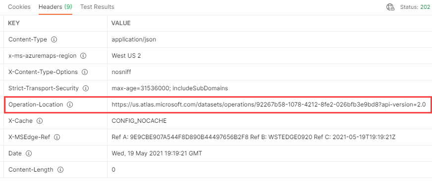 Screenshot of Postman that shows the value of the Operation-Location key for a dataset in the response header.