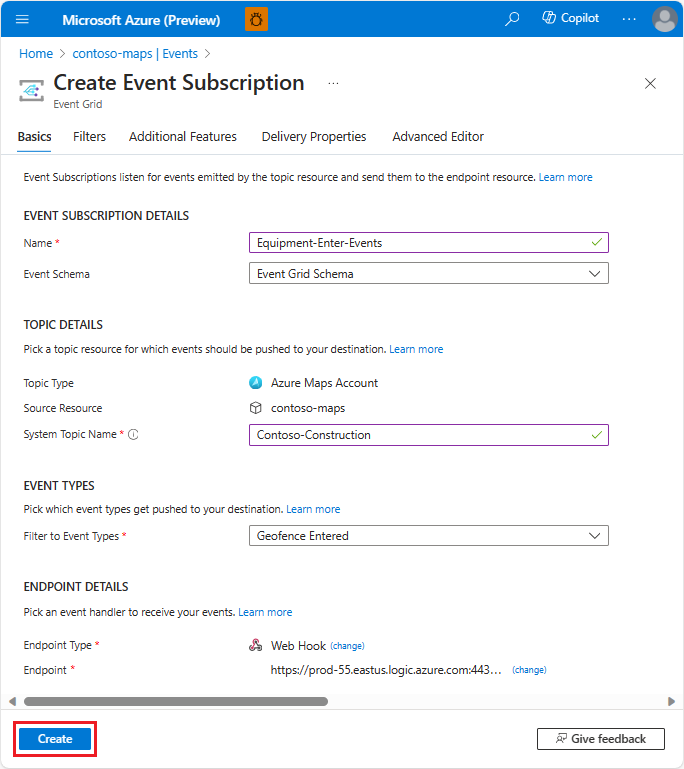 Screenshot of Azure Maps events subscription details.