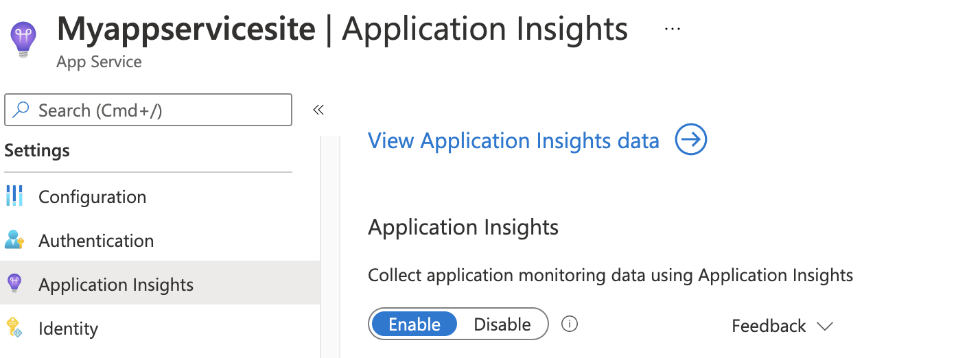 Screenshot: Application Insights-Registerkarte mit ausgewählter Option „Aktivieren“