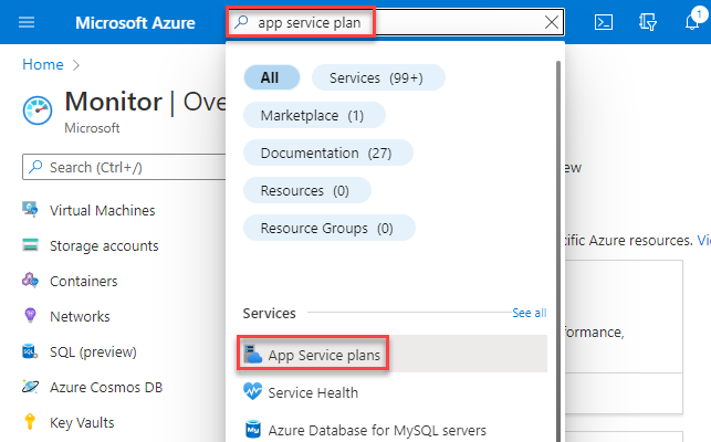 Der Screenshot zeigt die Suche nach App Service-Plänen.