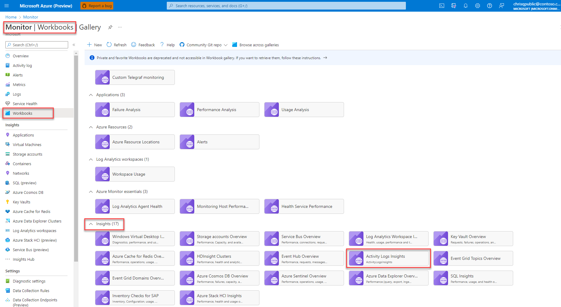Screenshot that shows how to locate and open the Activity Logs Insights workbook on a scale level.