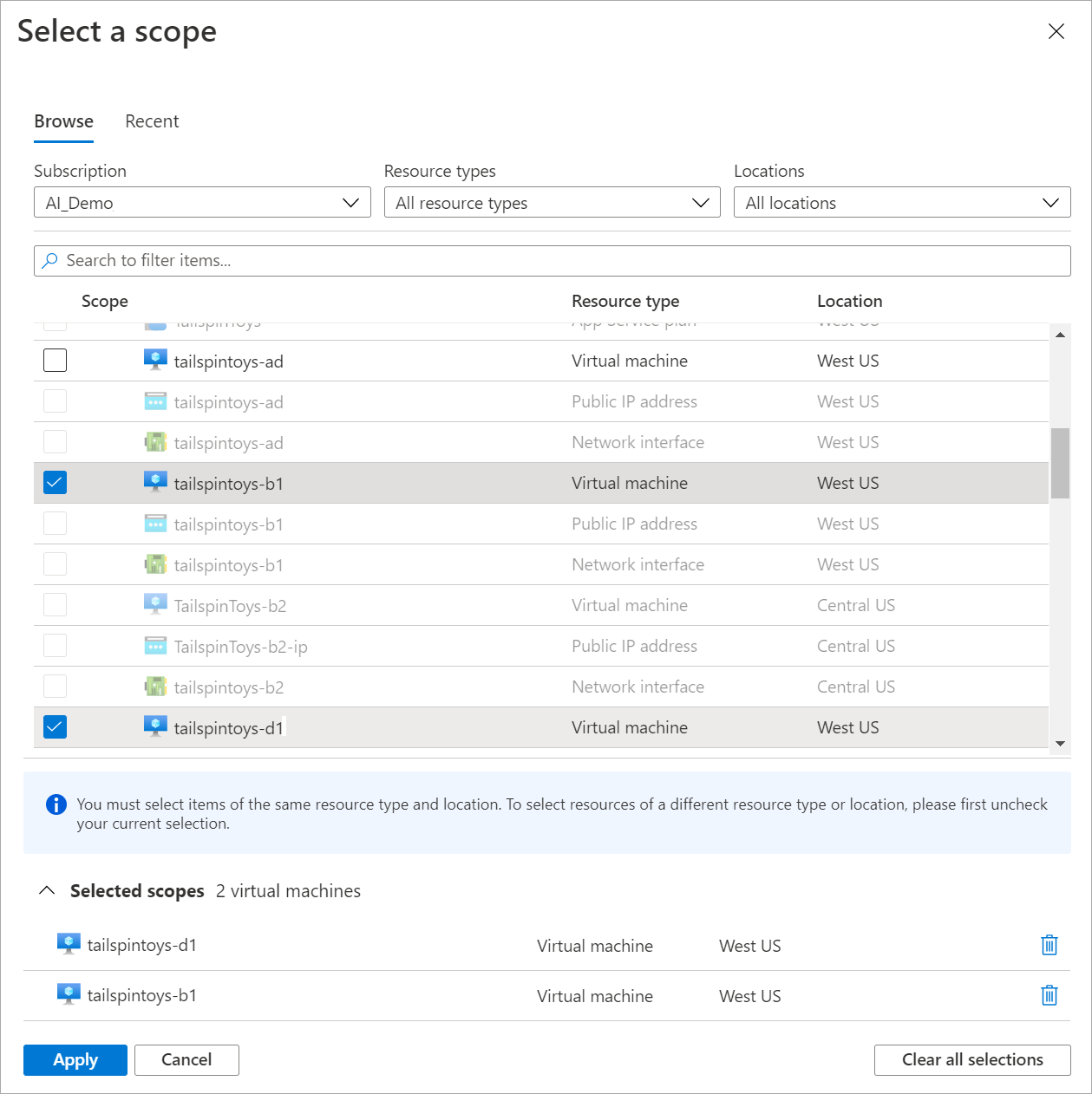 Screenshot: Auswählen mehrerer Ressourcen in der Ressourcenbereichsauswahl