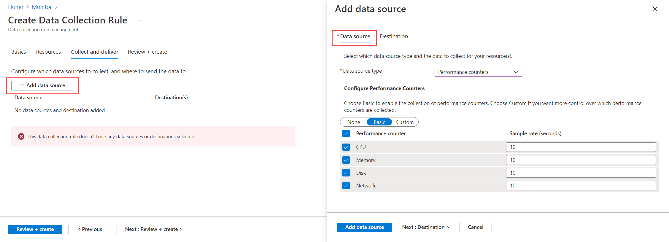 Screenshot: Datenquelle der Datensammlungsregel-Metrik.