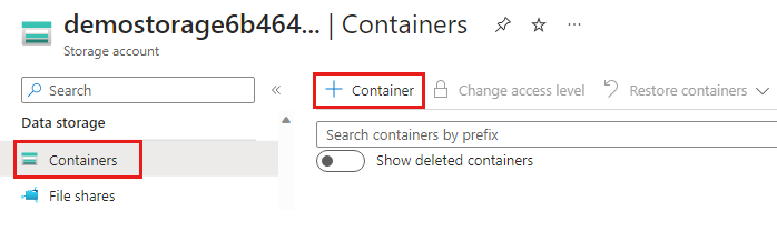 Screenshot des Bildschirms des Speicherkontos zum Erstellen eines neuen Containers.