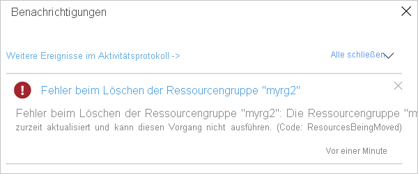 Screenshot: Im Azure-Portal wird eine Fehlermeldung angezeigt, wenn versucht wird, eine am laufenden Verschiebevorgang beteiligte Ressourcengruppe zu löschen.