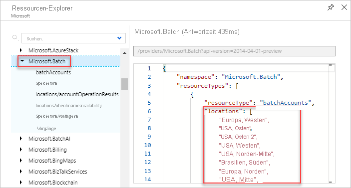 Screenshot of displaying valid locations for a resource type in the Azure Resource Explorer.