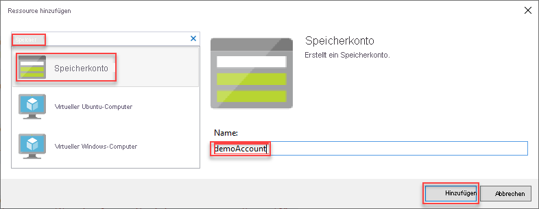 Screenshot des Fensters „Neue Ressource hinzufügen“ mit ausgewähltem Speicherkonto.