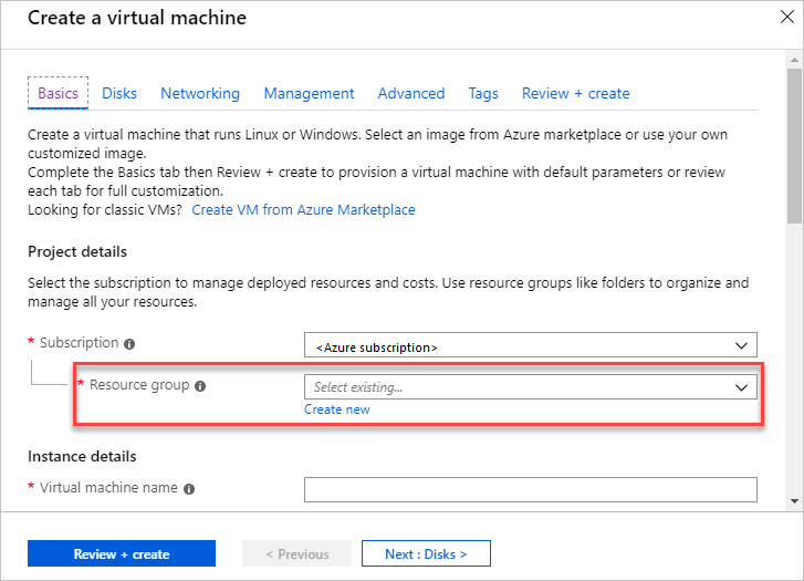 Screenshot des Erstellens einer Linux-VM und deren Bereitstellung in einer Ressourcengruppe im Azure-Portal