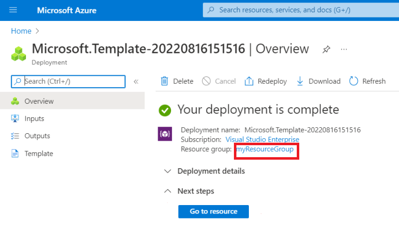 Screenshot: Anzeige einer zweiten Bereitstellungsseite im Azure-Portal