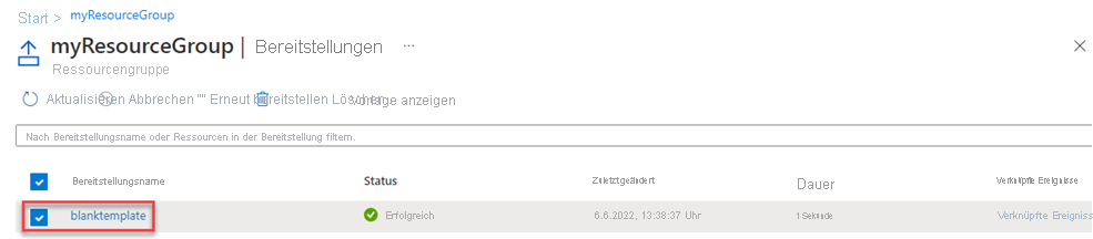 Screenshot: Azure-Portal mit dem Bereitstellungsverlauf und ausgewählter blanktemplate-Bereitstellung