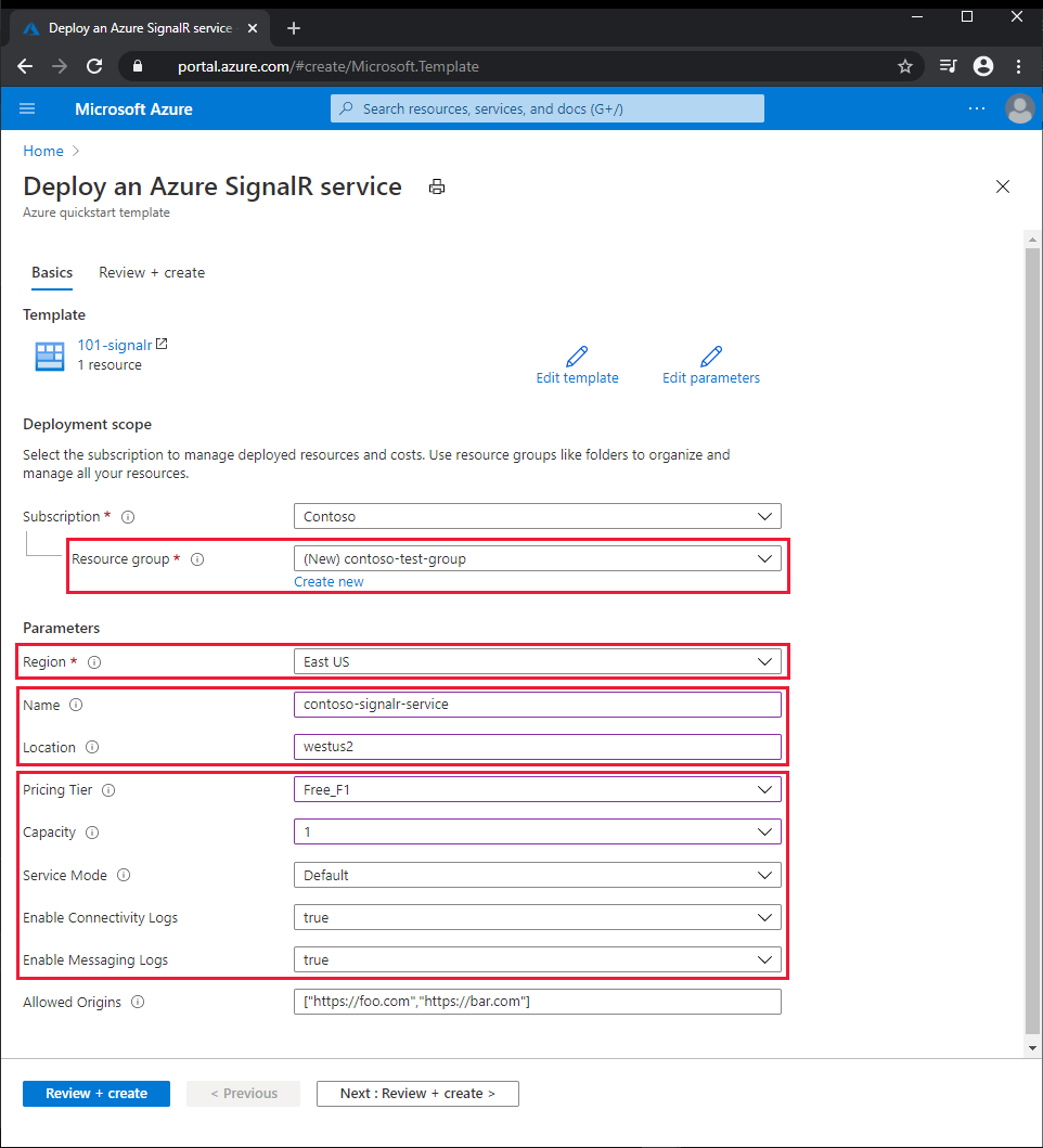 Screenshot: ARM-Vorlage zum Erstellen einer Azure SignalR Service-Instanz im Azure-Portal