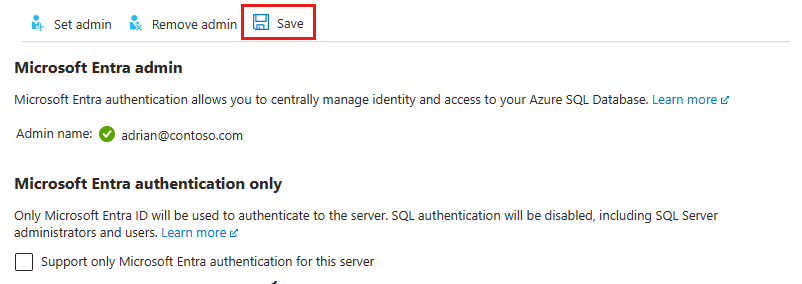 Screenshot: Option zum Speichern eines Microsoft Entra-Administrators.