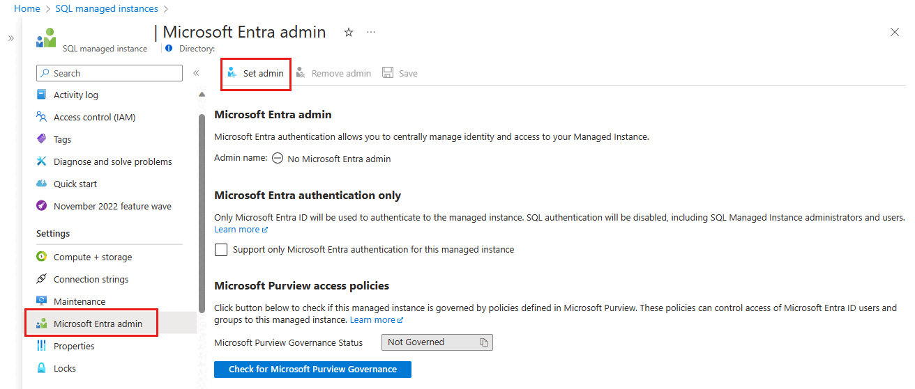 Screenshot: hervorgehobener Befehl „Administrator festlegen“ auf der Microsoft Entra-Administratorseite für die ausgewählte verwaltete SQL-Instanz.