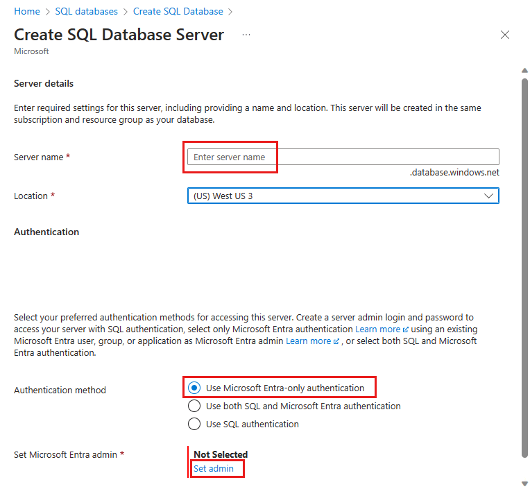 Screenshot: Erstellung eines Servers mit aktivierter reiner Microsoft Entra-Authentifizierung.