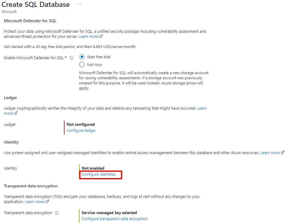 Screenshot: Azure-Portal-Sicherheitseinstellungen für den Vorgang der Datenbankerstellung.