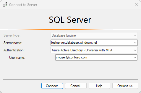 Screenshot der Einstellungen im Dialogfeld „Verbindung mit Server herstellen“ in SSMS, wobei alle Felder ausgefüllt sind.