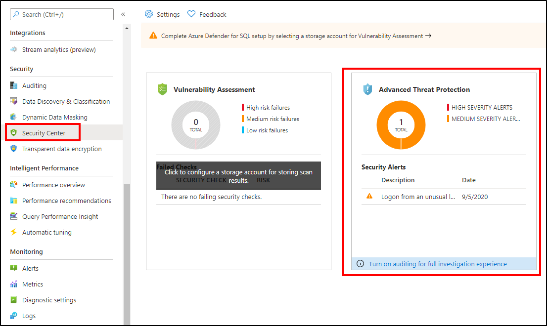 Advanced Threat Protection (erweiterter Bedrohungsschutz) in Defender für SQL