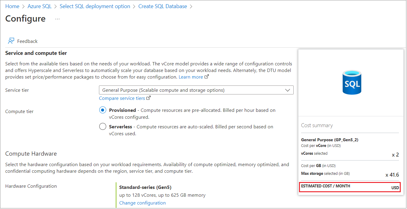 Beispiel für die Kostenschätzung im Azure-Portal