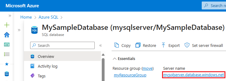 Screenshot zum Öffnen des Servers für eine einzelne Datenbank im Azure-Portal.