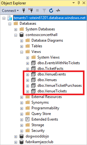 Screenshot: Inhalt des Knotens „Sichten“, einschließlich vier Einträge für „Venue“ vom Typ „dbo“