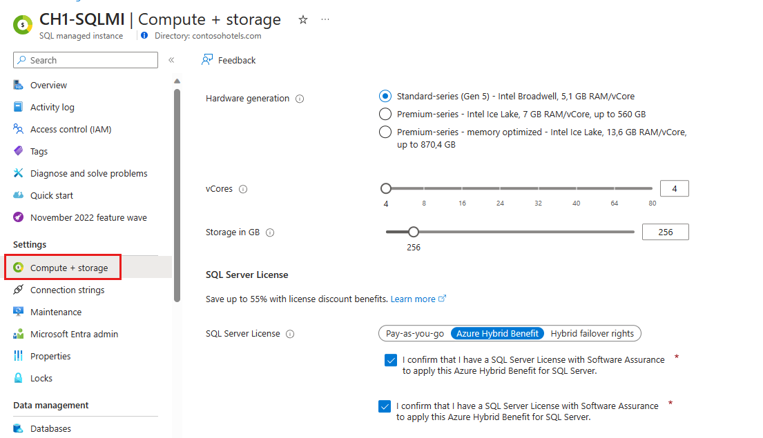 Screenshot der Seite Compute und Speicher für SQL Managed Instance.