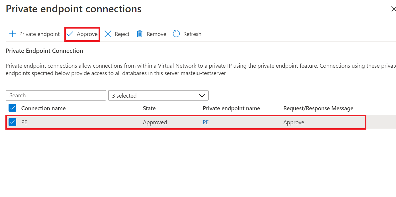 Screenshot der Azure-Portal-Seite „Private Endpunktverbindungen“, der zeigt, wo eine private Verbindung genehmigt wird.