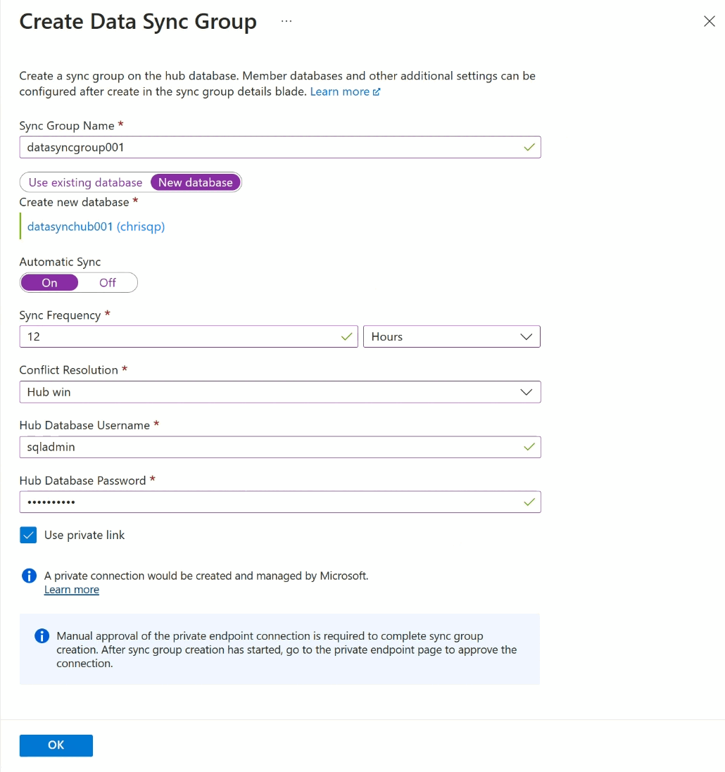 Screenshot der Seite „Datensynchronisierung erstellen“ im Azure-Portal, die das Erstellen einer neuen Synchronisierungs-Metadatendatenbank zeigt, die bei der automatischen Synchronisierung verwendet werden soll.