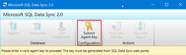 Screenshot der App für den Microsoft SQL-Datensynchronisierung 2.0-Client-Agent. Die Schaltfläche „Agent-Schlüssel übermitteln“ ist hervorgehoben.