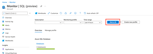 Screenshot: Azure Monitor-Seite für SQL im Azure-Portal mit hervorgehobener Schaltfläche „Warnungen“.