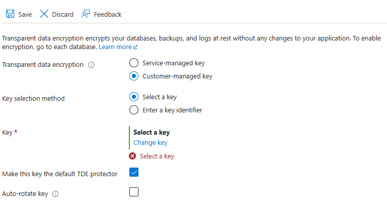 Screenshot des Menüs für Trasparent Data Encryption im Azure-Portal für einen Server.