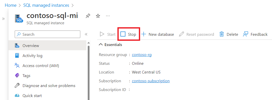 Screenshot der Seite „Übersicht“ für eine verwaltete Instanz im Azure-Portal mit hervorgehobener Schaltfläche „Beenden“.