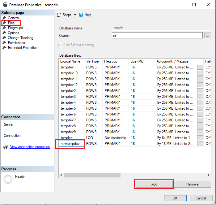 Screenshot der Datenbankeigenschaften in SSMS, wobei der Name der neuen Datenbankdatei hervorgehoben ist.