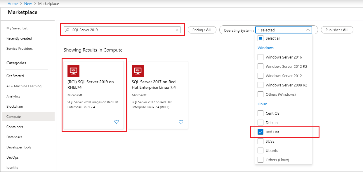 Suchfilter für VM-Images mit SQL Server 2019