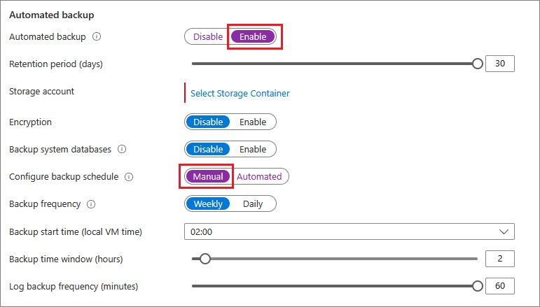 Screenshot der automatisierten Sicherung für SQL-VMs im Azure-Portal.