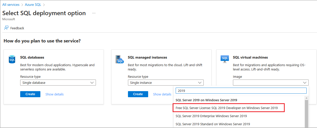 Screenshot der Auswahl eines VM-Image als SQL-Bereitstellungsoption im Azure-Portal.