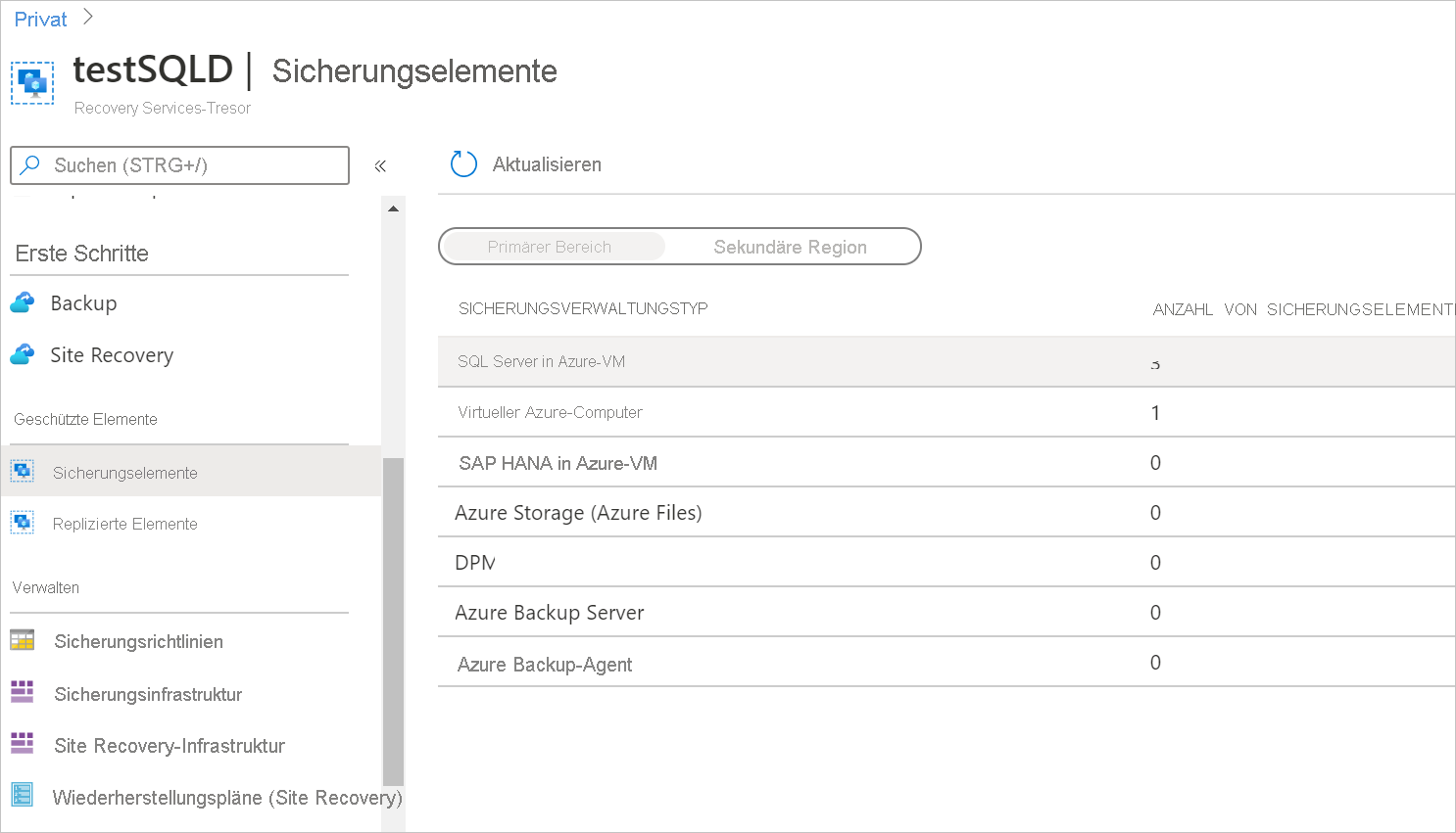 Screenshot: Anzeigen gesicherter Datenbanken in Sicherungselementen