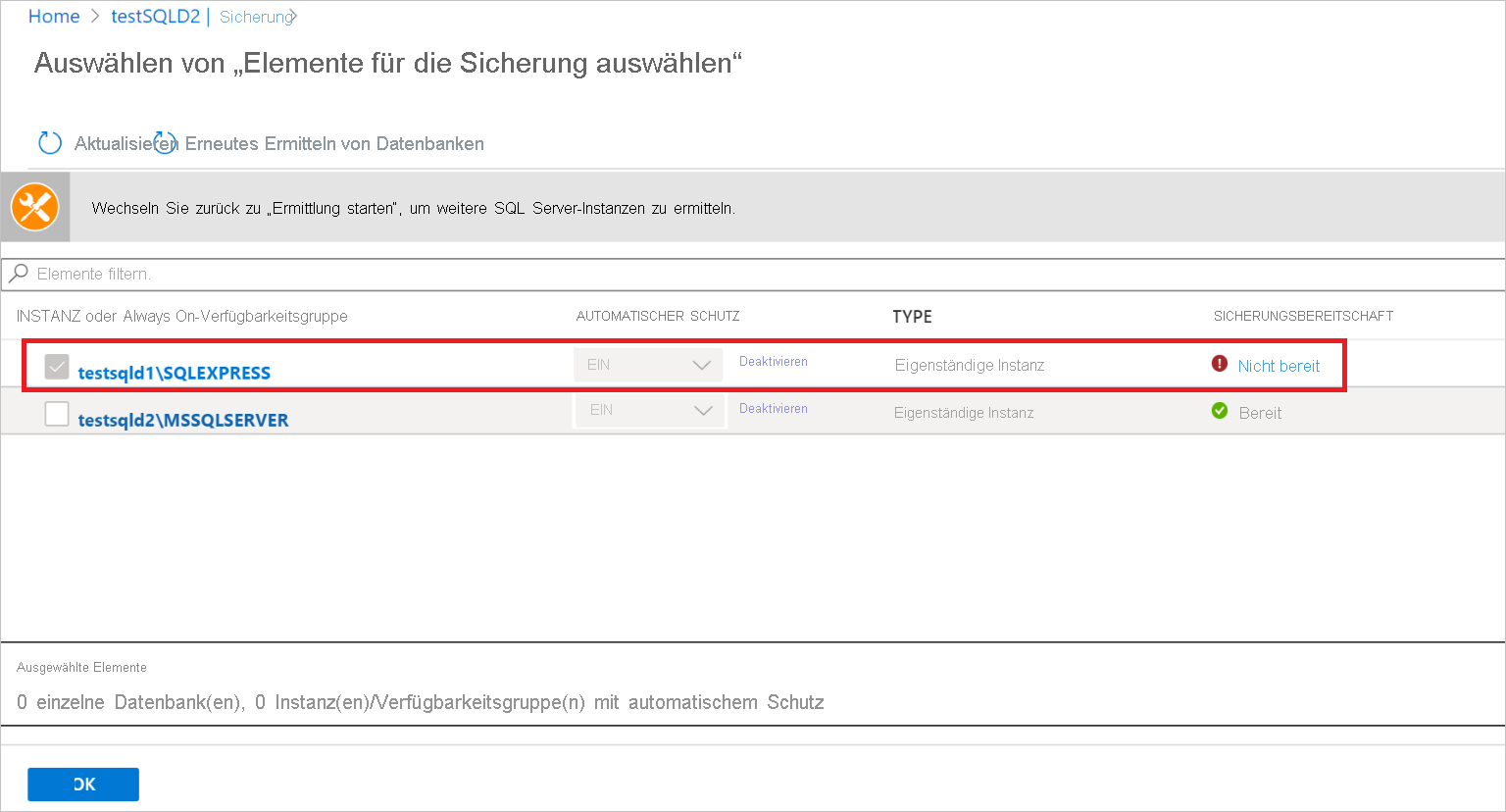 Screenshot: „Sicherungsbereitschaft“ ist „Nicht bereit“.