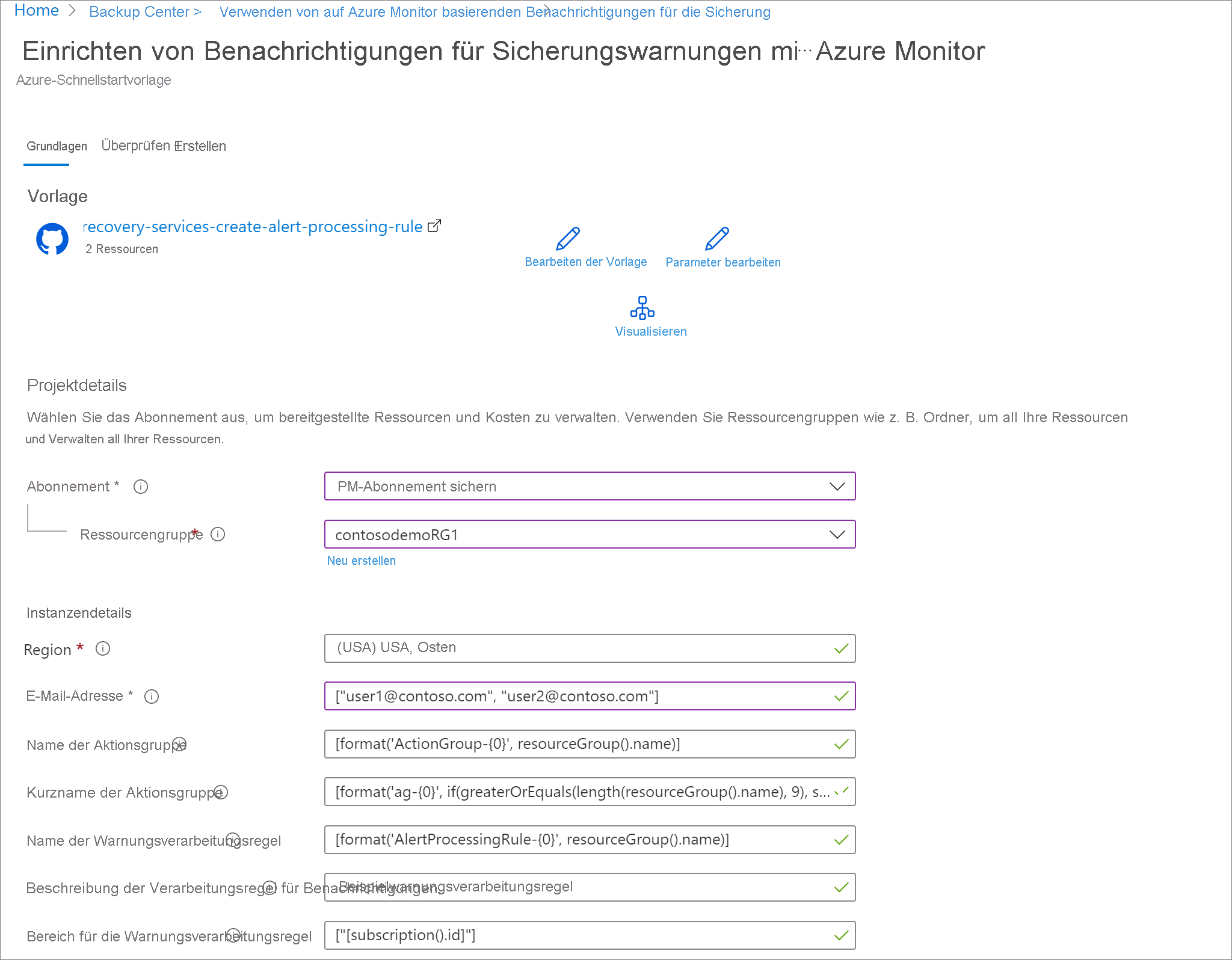 Screenshot: Vorlagenparameter zum Einrichten von Benachrichtigungsregeln für Azure Monitor-Warnungen