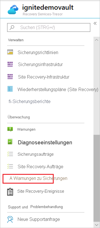 Screenshot des Links „Sicherungswarnungen“ auf dem Dashboard des Recovery Services-Tresors.