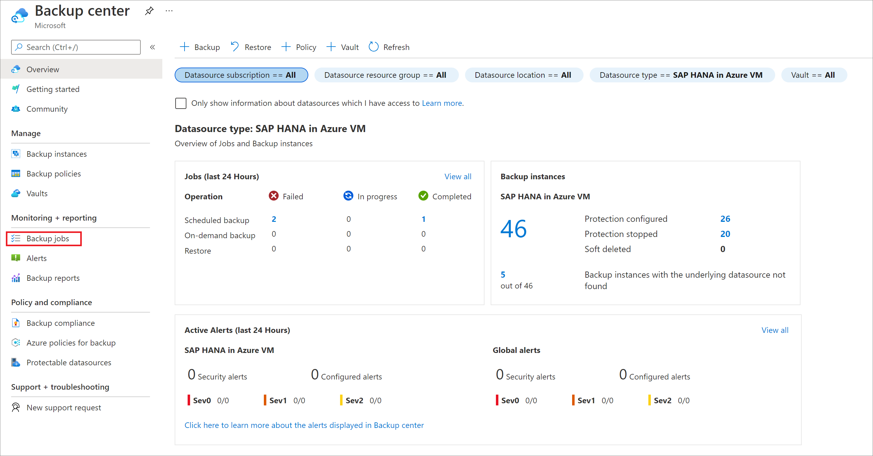 Screenshot des Abschnitts „Sicherungsaufträge“ in „Backup Center“.