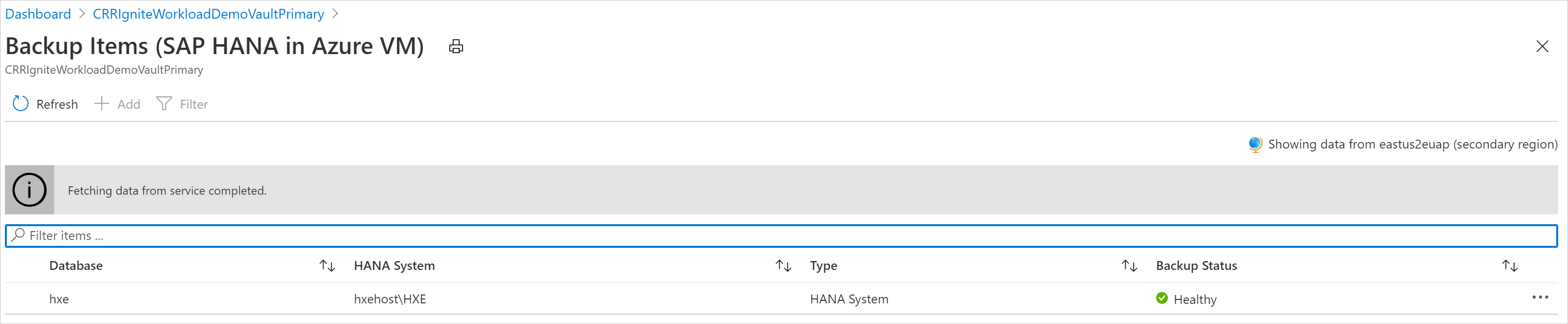 Screenshot der Datenbanken in der sekundären Region