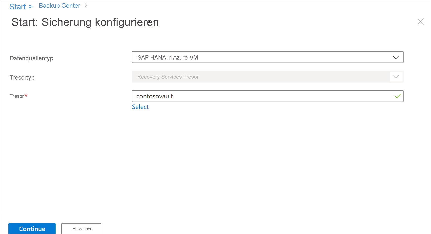 Screenshot: Auswählen von SAP HANA auf einem virtuellen Azure-Computer als Datenquellentyp.