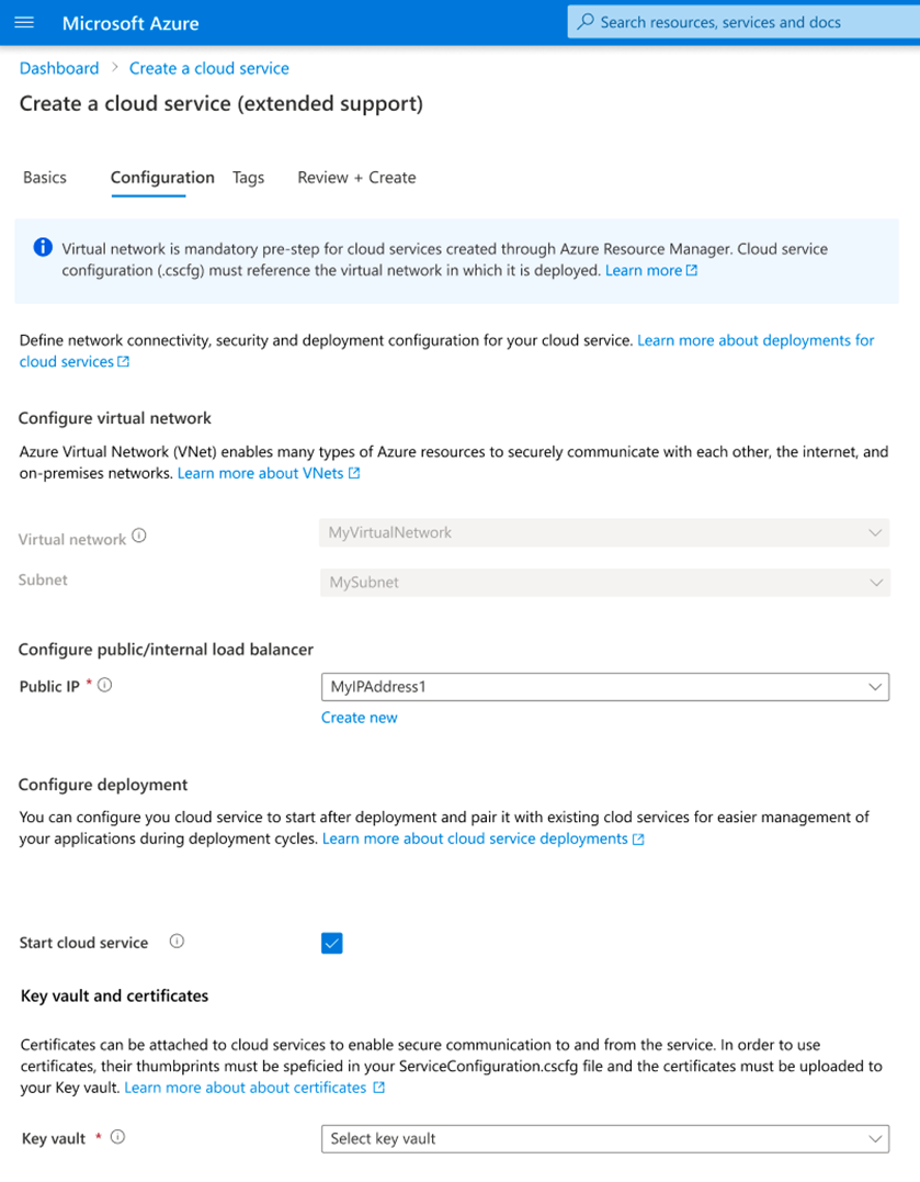 Abbildung: Konfigurationsblatt im Azure-Portal beim Erstellen einer Instanz von Cloud Services (erweiterter Support)