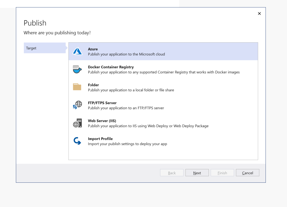 Screenshot: Auswählen von Azure als Ziel in einem neuen Veröffentlichungsprofil