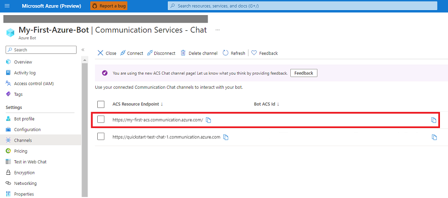 Screenshot: Neue Azure Communication Services-Benutzer-ID, die dem Bot zugewiesen wurde