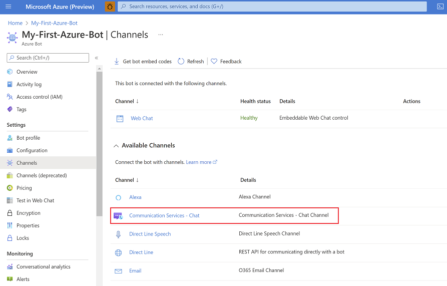 Screenshot: Öffnen des Communication Services-Chatkanals